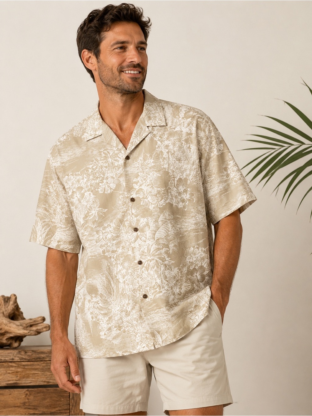 Royal Creations Casual Short-Sleeve Button-Down Shirt in Sand Floral